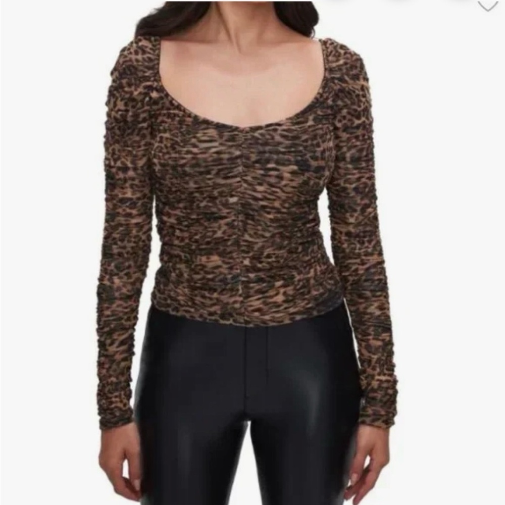 Good American Ruched Cheetah Print Mesh Top in Wild Leopard XL